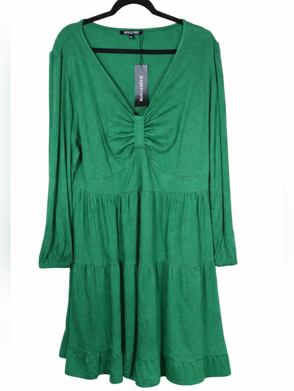 Emerald Green Ruched Babydoll‎ Dress | Soft Stretch Tiered Mini 3x Coastal Chic